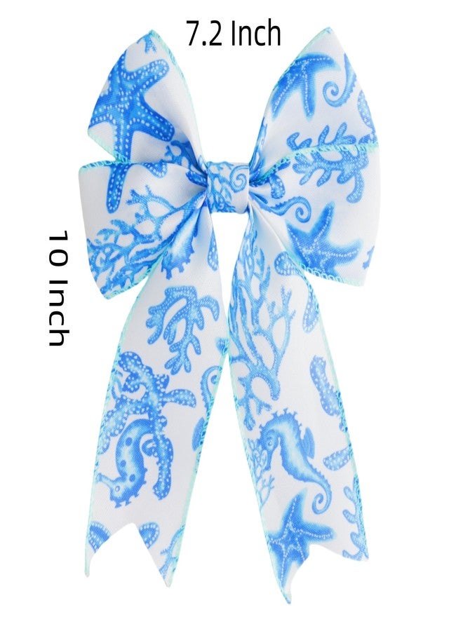 Meseey 2 Pcs Spring Summer Ribbon Wired Ribbon Bows Sea Ocean Starfish Coral Beach Marine Wreath Bow for Party Gift Wrapping Outdoor Hanging Party Decoration Supplies(Blue Bow) - Image 2